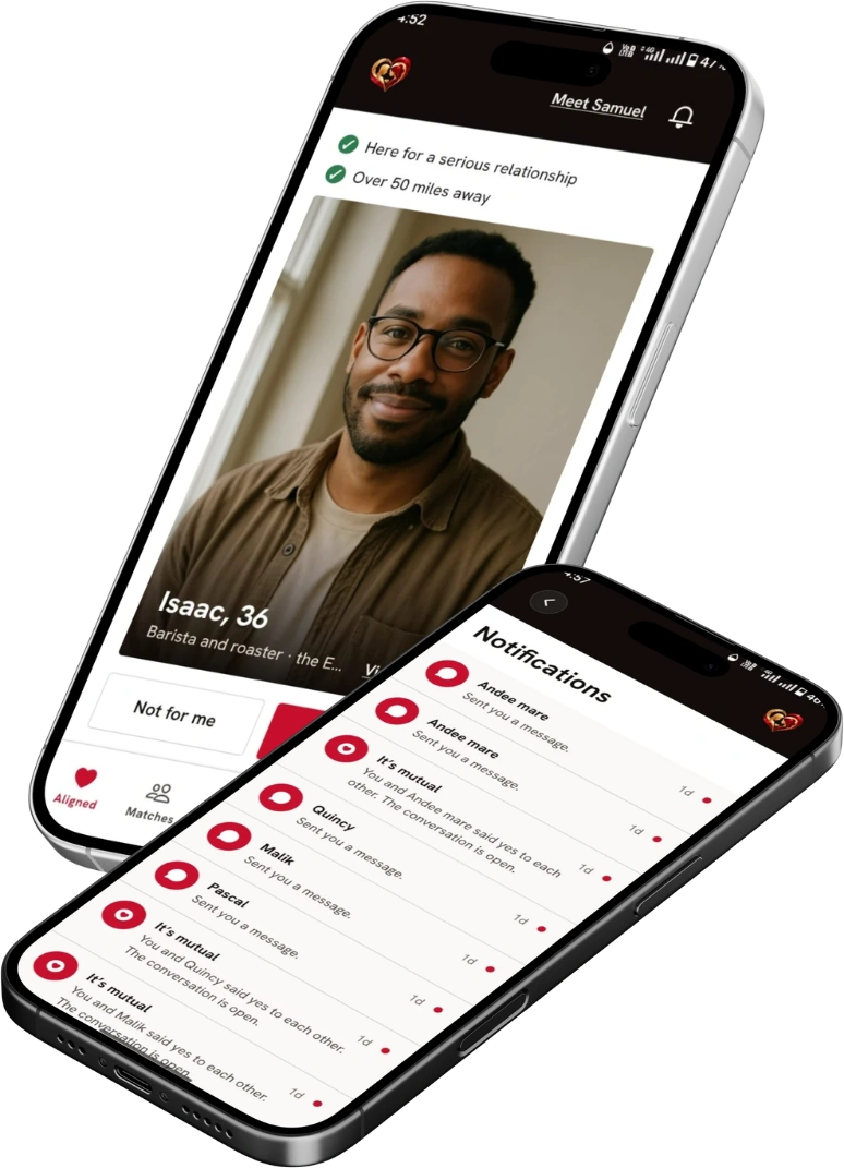 Two phones showing Aligned Hearts: a member’s profile, and an introduction arriving