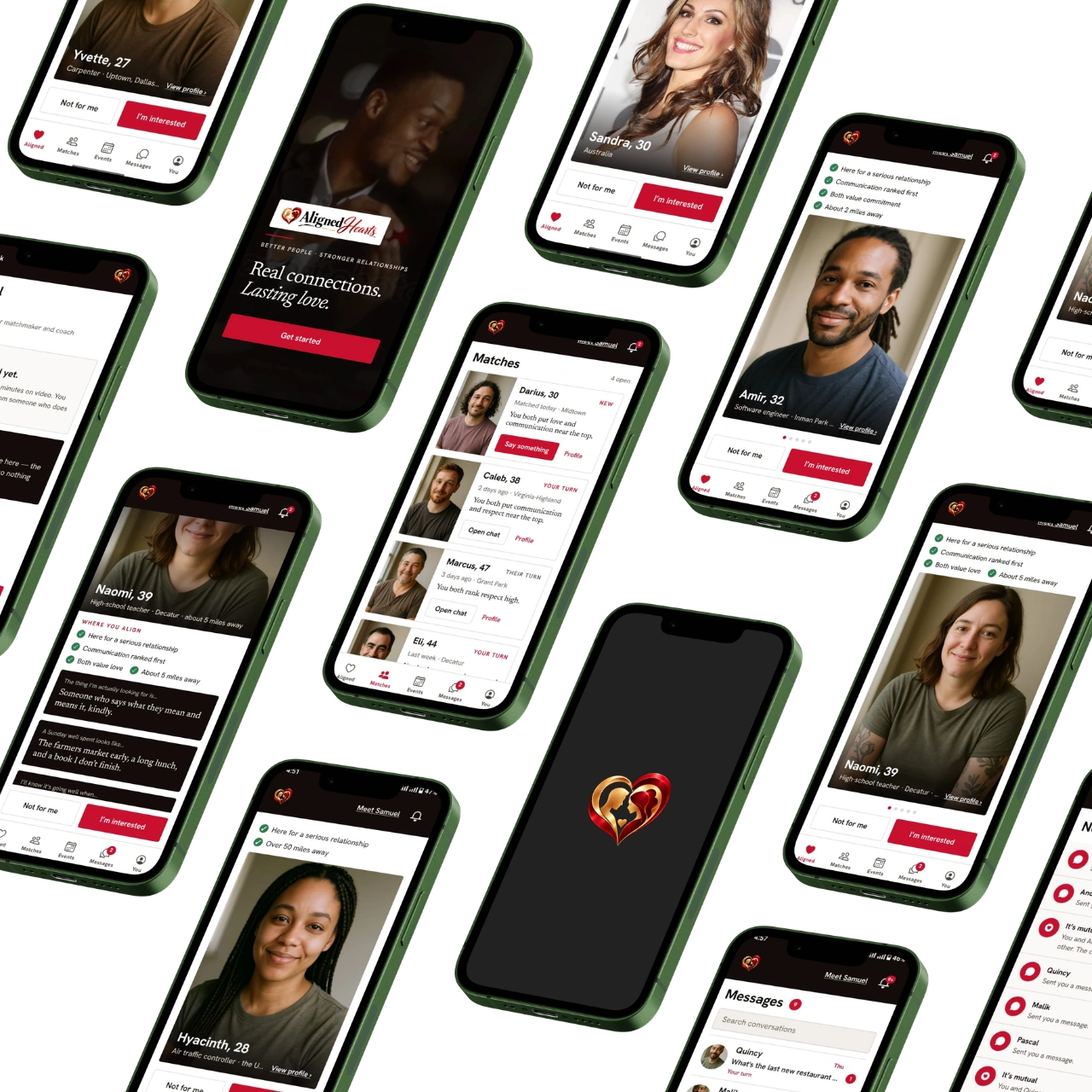 Many screens of the app at once: profiles, introductions, matches and messages