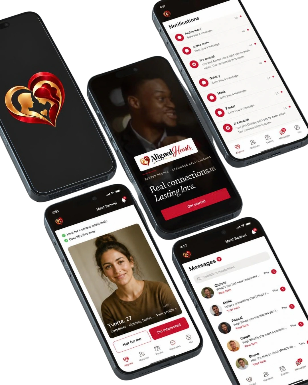 The app once you are set up: the welcome screen, a profile, and your messages