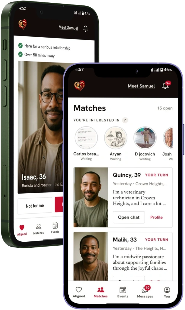 Two phones showing Aligned Hearts: a member’s profile, and the matches screen behind it