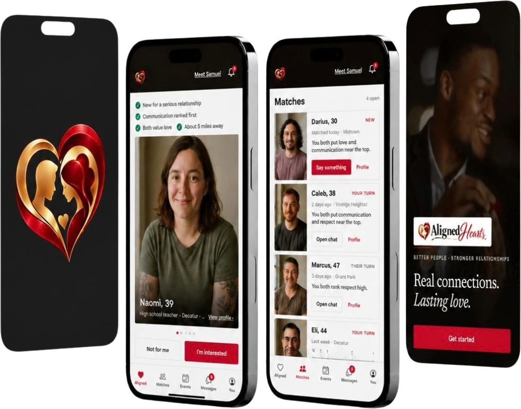 Several screens of the app side by side: a profile, the matches, and the introductions